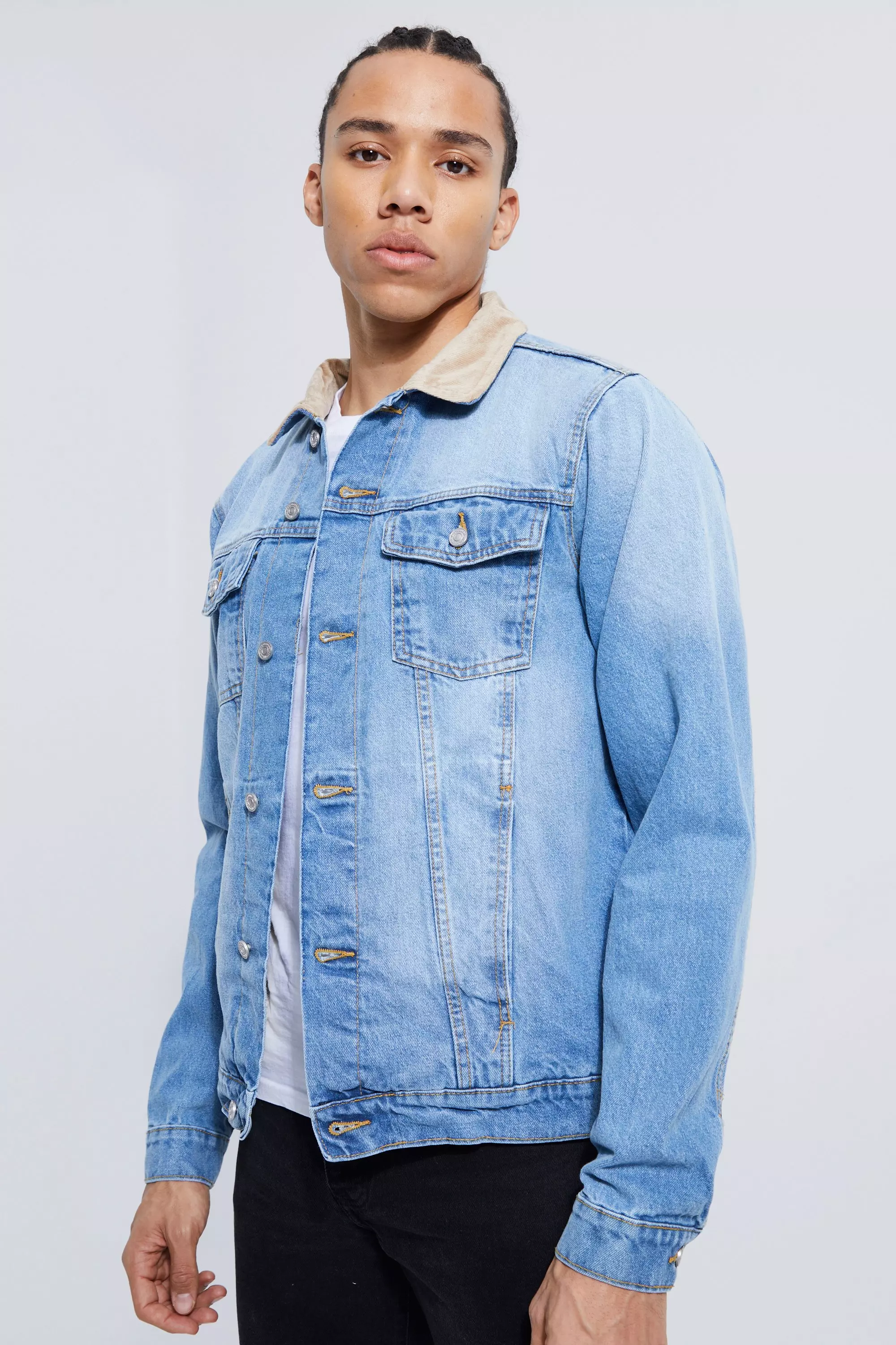 Tall Borg Lined Cord Collar Jean Jacket boohooMAN USA